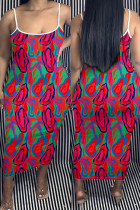 Rose Red Sexy Print rückenfreie Spaghettiträger langes Kleid Plus Size Kleider