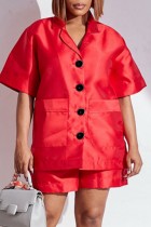 Red Casual Solid Patchwork Shirt Collar Short Sleeve Two Pieces