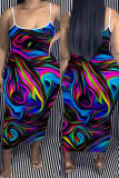 Blue Black Sexy Print Backless Spaghetti Strap Long Dress Plus Size Dresses