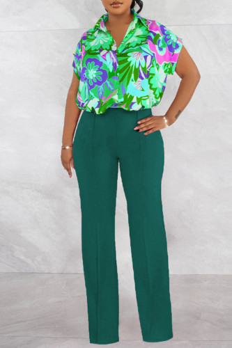 Green Casual Print Patchwork Buckle Turndown Collar Short Sleeve Two Pieces