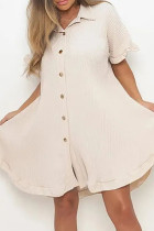 Кремово-белое повседневное однотонное платье-рубашка в стиле пэчворк с отложным воротником Платья Платья