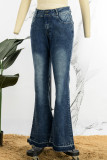 Marineblaue, lässige, solide Patchwork-Jeans mit hoher Taille und Röhrenjeans