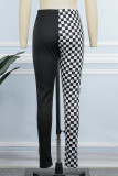 Zwarte casual geruite patchwork broek met normale hoge taille en potlood patchwork