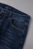 Blaue, lässige, einfarbige, zerrissene, Patchwork-Jeans mit mittlerer Taille und normaler Taille