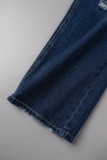 Jeans jeans regular azul casual liso rasgado patchwork cintura média