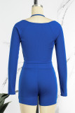 Blauwe casual sportkleding Solide patchwork vierkante kraag lange mouw tweedelig