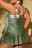 Зеленый Сексуальный принт в стиле пэчворк С открытой спиной и V-образным вырезом Купальник больших размеров (с прокладками)