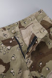 Kaki Casual Camouflage Print Patchwork Skinny Mid Waist Conventional Full Print Shorts