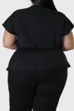Blusas pretas casuais sólidas patchwork com decote em V tamanho grande