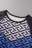 T-shirts à col rond et patchwork imprimés décontractés bleu profond