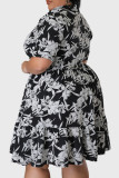 ブラック カジュアル プリント パッチワーク ターンダウン カラー シャツ ドレス プラス サイズ ドレス