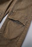Jeans jeans regular marrom casual patchwork cintura alta