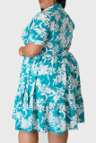 スカイブルー カジュアル プリント パッチワーク ターンダウン カラー シャツ ドレス プラス サイズ ドレス