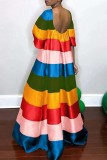 Vestidos listrados coloridos com patchwork e decote em bico