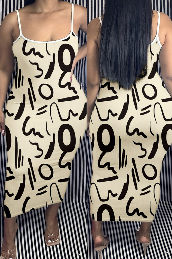 Абрикосовое сексуальное длинное платье с открытой спиной и бретельками с принтом Платья больших размеров
