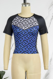 Diepblauwe casual print patchwork T-shirts met ronde hals