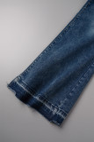 Jeans skinny azul marinho casual patchwork sólido cintura alta