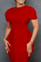 Vestidos de falda de un paso con cuello en O asimétrico de patchwork sólido elegante rojo