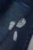 Tiefblaue, lässige, einfarbige, zerrissene, Patchwork-Jeans mit mittlerer Taille und normaler Taille
