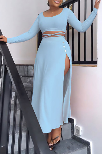 Baby Blue Casual Solid Bandage Patchwork Slit U Neck Long Sleeve Two Pieces
