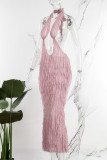 Розовые сексуальные уличные вечерние однотонные платья в стиле пэчворк с открытой спиной и лямкой на шее