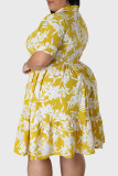 イエロー カジュアル プリント パッチワーク ターンダウン カラー シャツ ドレス プラス サイズ ドレス