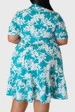 Hemelsblauw casual print patchwork overhemdjurk met kraag en grote maten jurken