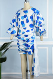 Blue Casual Dot Print Patchwork O Neck Wrapped Skirt Dresses