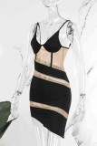Negro sexy fiesta en la calle color bulto patchwork transparente correa de espagueti lápiz falda vestidos