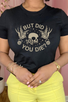 Black Daily Simplicity Print Patchwork Skull O Neck T-Shirts