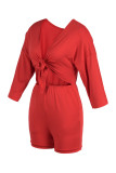 Red Fashion Casual Solid Bandage Hollowed Out Patchwork V Neck Regular Front Tie Romper
