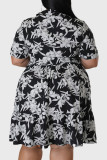 Schwarzes, lässig bedrucktes Patchwork-Hemdkleid mit Umlegekragen und Kleider in Übergröße
