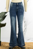 Navy Blue Casual Solid Patchwork High Waist Skinny Denim Jeans