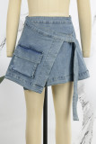 Light Blue Casual Solid Patchwork Regular Split Tied Cargo Wrap Skirt Denim Mini Skirts