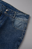 Темно-синие повседневные однотонные джинсы скинни с высокой талией в технике пэчворк