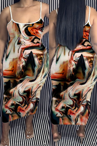 Multicolor Sexy Print Backless Spaghetti Strap Long Dress Plus Size Dresses