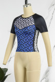 Camisetas con cuello en O de patchwork con estampado casual azul profundo