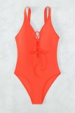 Оранжевый сексуальный цельный бандажный купальник с вырезом на спине (с прокладками)