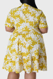 Vestido amarelo casual estampa patchwork gola redonda camisa vestidos tamanho grande