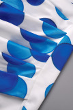 Blauwe casual stippenprint patchwork O-hals omwikkelde rokjurken