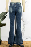 Navy Blue Casual Solid Patchwork High Waist Skinny Denim Jeans