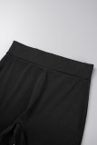 Zwarte casual sportkleding Solide patchwork vierkante kraag lange mouw tweedelig