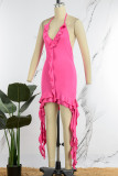 Розово-красные сексуальные однотонные лоскутные оборки асимметричные платья-юбки-карандаш с лямкой на шее