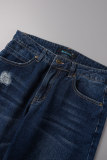 Deep Blue Casual Solid Patchwork Mid Waist Regular Ripped Denim Jeans