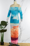 Bleu Casual Patchwork Tie-dye Hors de l'épaule Robes de jupe crayon
