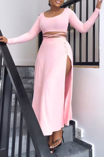 Pink Casual Solid Bandage Patchwork Slit U Neck Long Sleeve Two Pieces