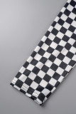 Calças pretas casuais estampa xadrez patchwork regular cintura alta lápis patchwork