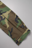 Kaki Casual Camouflage Print Patchwork Skinny Mid Waist Konventionella shorts med heltryck