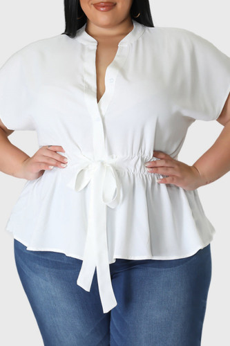 White Casual Solid Patchwork V Neck Plus Size Tops