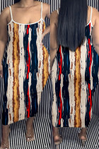Kaki sexy print rugloze lange jurk met spaghettibandjes Grote maten jurken